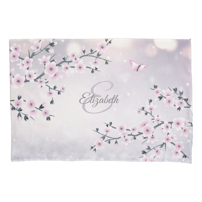 Floral Cherry Blossom Pink Mauve Glitter Monogram Pillowcase (Front)