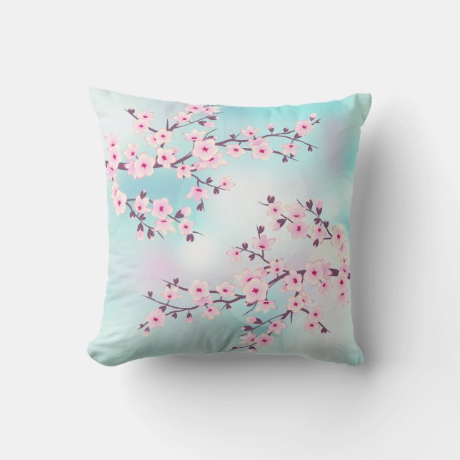 Floral Cherry Blossom Pink Turquoise  Outdoor Pillow (Front)