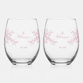 Floral Cherry Blossom Pink Wedding Stemless Wine Glass