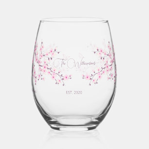 Floral Cherry Blossom Pink Wedding Stemless Wine Glass