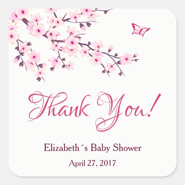 Floral Cherry Blossom Pink White Baby Shower Square Sticker (Front)