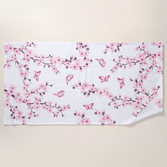 Floral Cherry Blossom Pink White Beach Towel (Front)