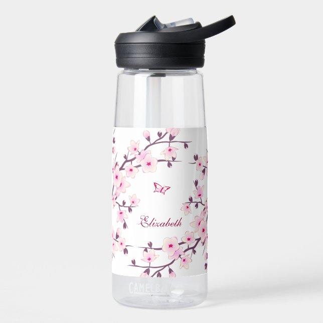Floral Cherry Blossom | Pink White Monogram Water Bottle (Left)