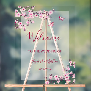 Floral Cherry Blossom Transparent Wedding Welcome Acrylic Sign