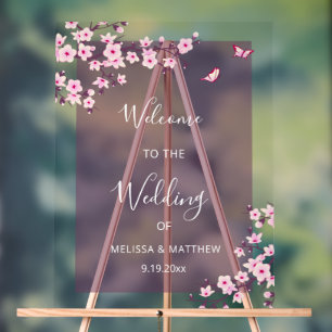 Floral Cherry Blossom Transparent Wedding Welcome Acrylic Sign