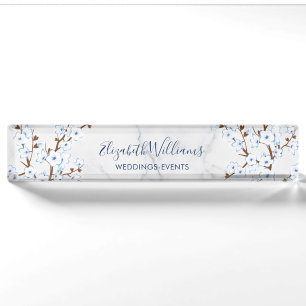 Floral Cherry Blossom White Blue Marble Nameplate