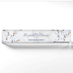 Floral Cherry Blossom White Blue Marble Nameplate