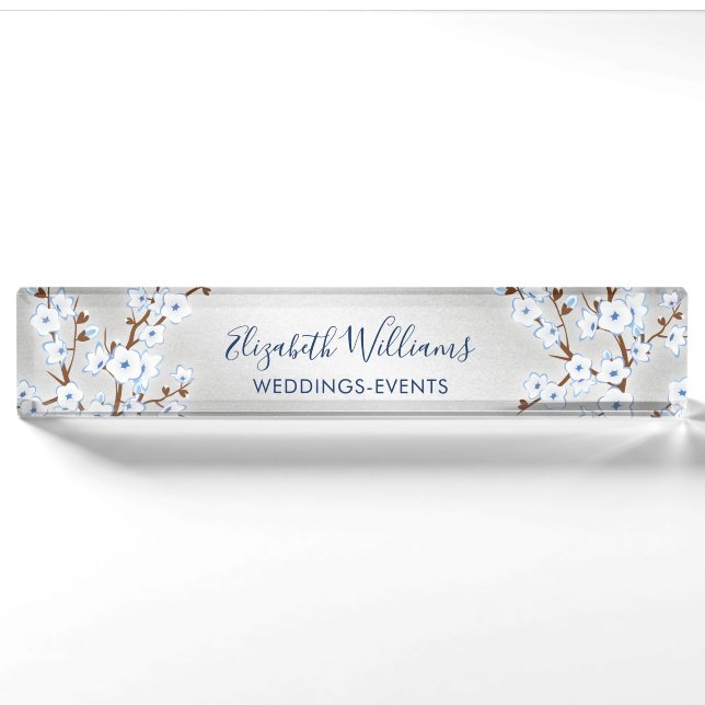 Floral Cherry Blossom White Blue Silver Nameplate (Front)