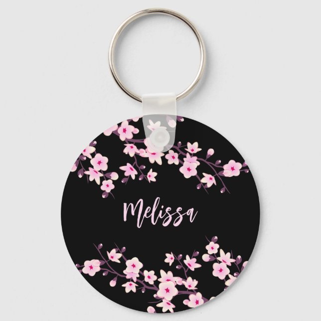 Floral Cherry Blossoms Black Pink Keychain (Front)