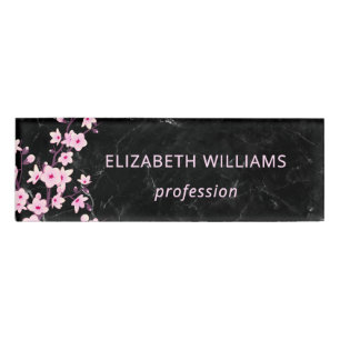 Floral Cherry Blossoms Black Pink Name Tag