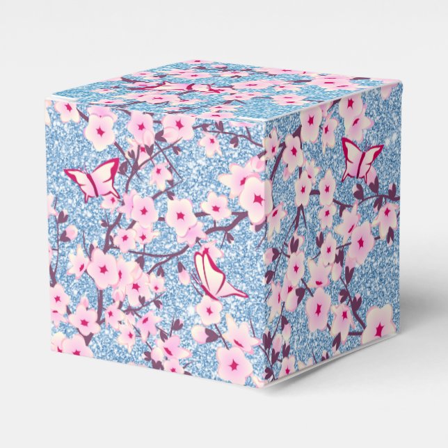 Floral Cherry Blossoms Blue Glitter Favor Box (Front Side)
