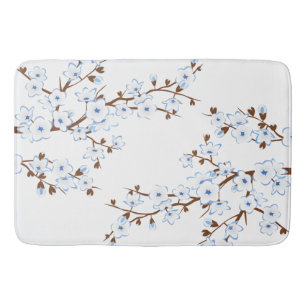 Floral Cherry Blossoms Blue White Bath Mat