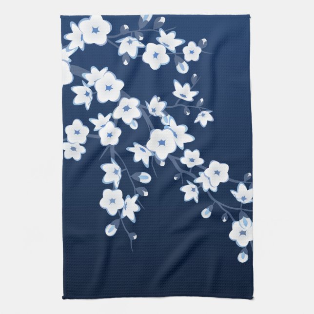 Floral Cherry Blossoms Blue White Kitchen Towel (Vertical)