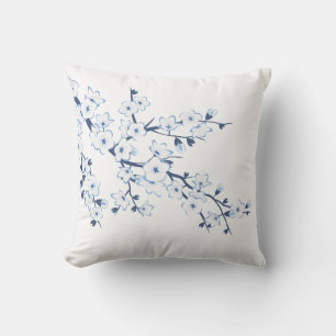 Floral Cherry Blossoms Blue White Throw Pillow