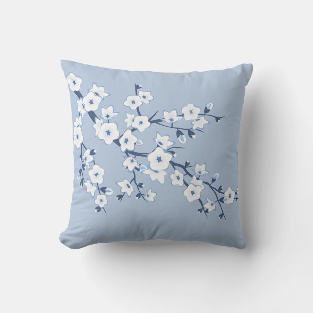 Floral Cherry Blossoms Blue White Throw Pillow (Front)