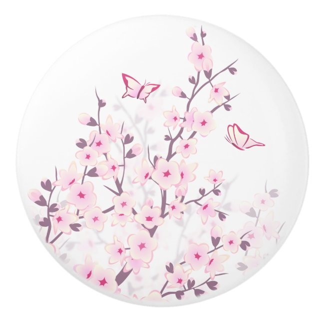 Floral Cherry Blossoms Butterflies Pink White Ceramic Knob (Front)