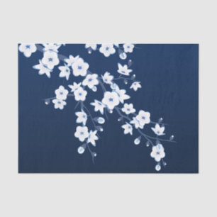 Floral Cherry Blossoms Dark Blue White Tissue Paper