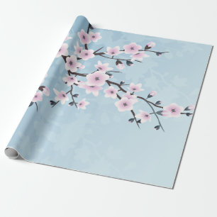 Floral Cherry Blossoms Dusky Pink Pale Blue Wrapping Paper