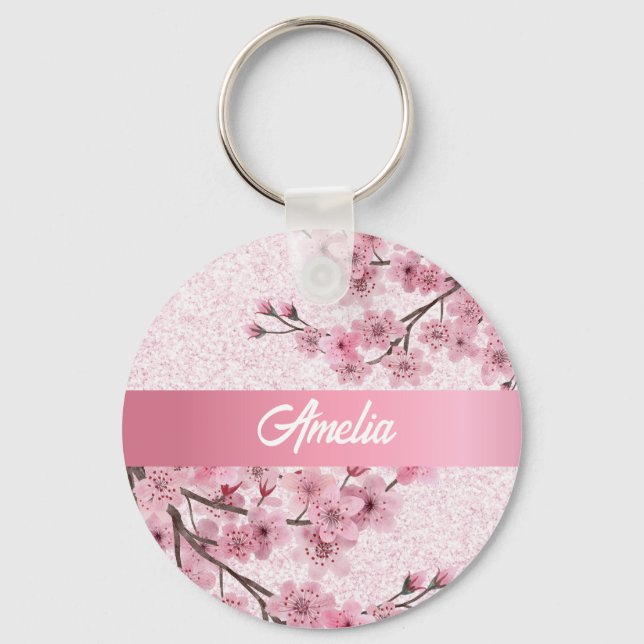 Floral Cherry Blossoms Faux Pastel Pink Glitter Keychain (Front)