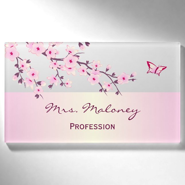 Floral Cherry Blossoms Grey Pink Name Tag (Front)