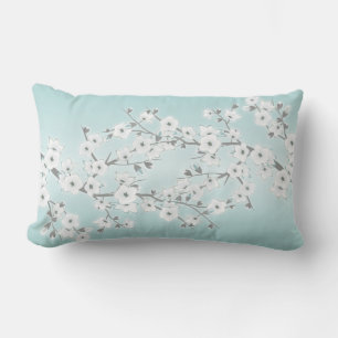 Floral Cherry Blossoms Mint White Lumbar Pillow