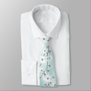 Floral Cherry Blossoms Mint White Tie
