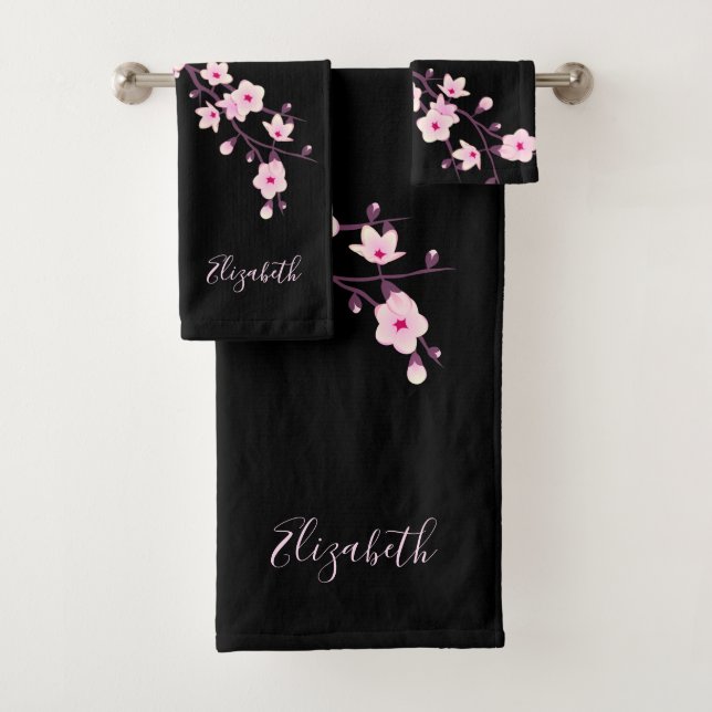 Floral Cherry Blossoms Monogram Bath Towel Set (Insitu)