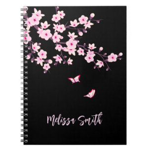 Floral Cherry Blossoms Monogram Pink Black Notebook