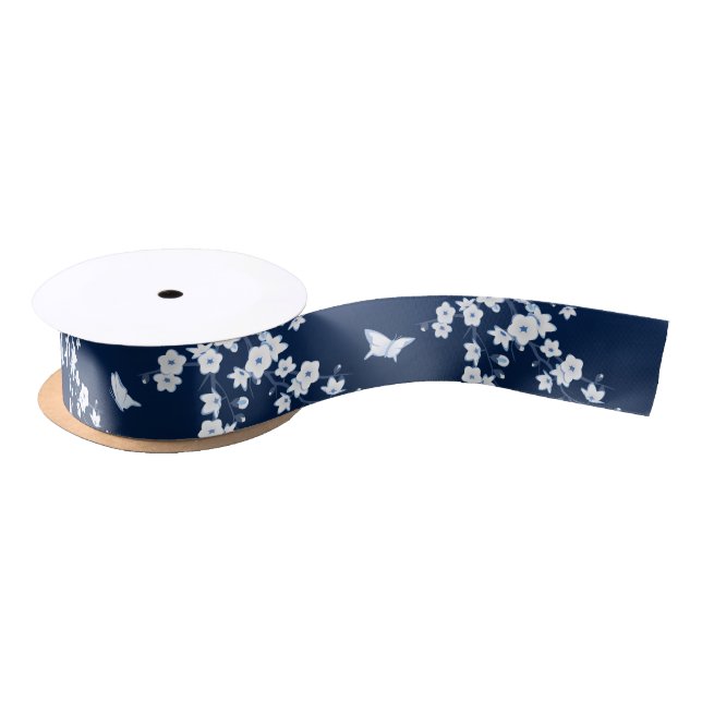 Floral Cherry Blossoms Navy Blue White Satin Ribbon (Spool)