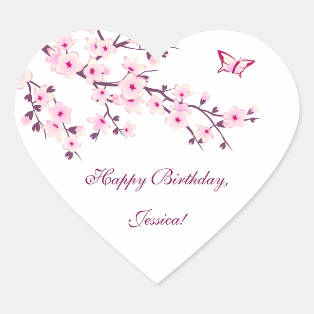 Floral Cherry Blossoms Pink Birthday Heart Sticker (Front)