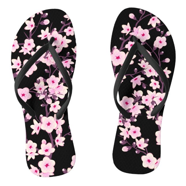 Floral Cherry Blossoms Pink Black Flip Flops (Footbed)