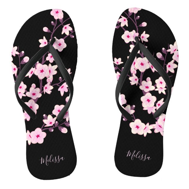 Floral Cherry Blossoms Pink Black Monogram Flip Flops (Footbed)