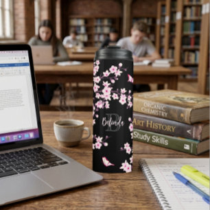 Floral Cherry Blossoms Pink Black Name Monogram   Thermal Tumbler