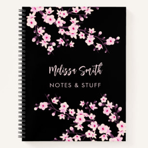 Floral Cherry Blossoms Pink Black Your Name Notebook