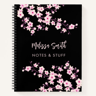 Floral Cherry Blossoms Pink Black Your Name Notebook