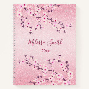 Floral Cherry Blossoms Pink Glitter Add Name Notebook