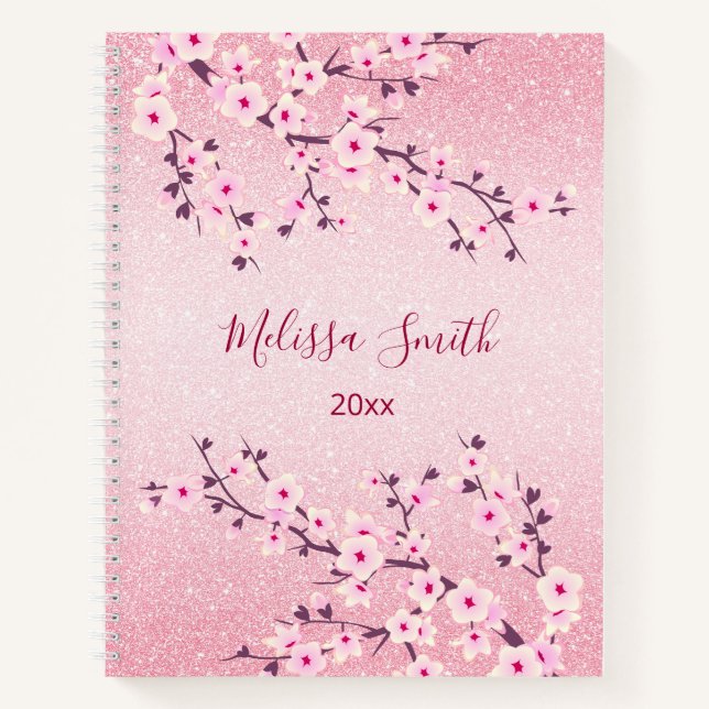 Floral Cherry Blossoms Pink Glitter Add Name Notebook (Front)