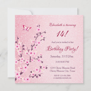 Floral Cherry Blossoms Pink Glitter Birthday  Invitation
