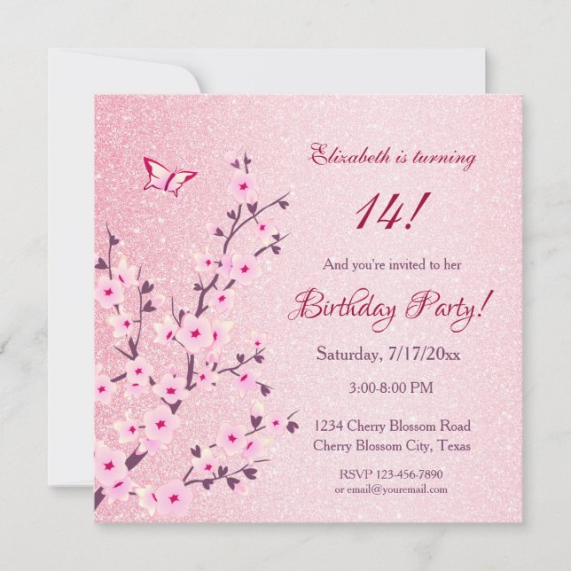 Floral Cherry Blossoms Pink Glitter Birthday  Invitation (Front)