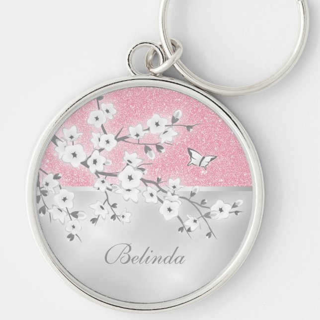 Floral Cherry Blossoms Pink Glitter Keychain (Front)