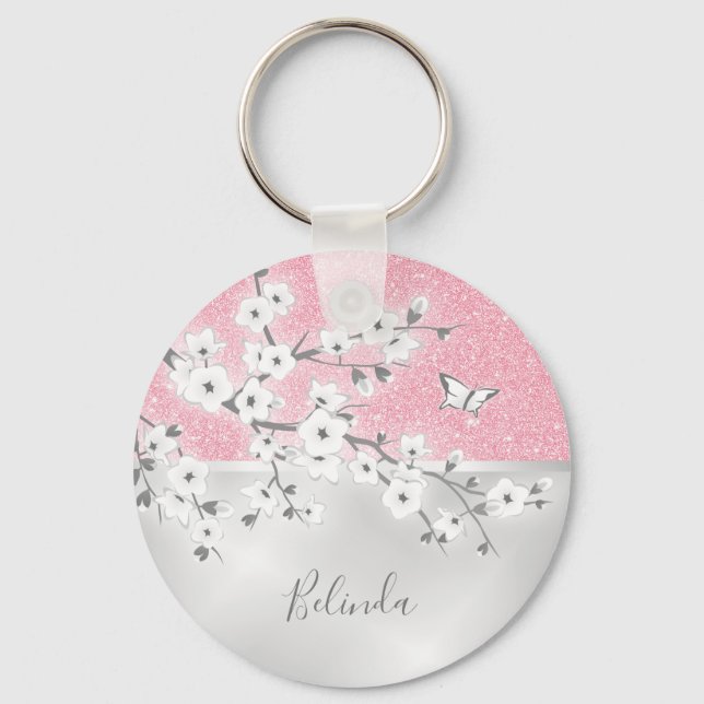 Floral Cherry Blossoms Pink Glitter Monogram Keychain (Front)