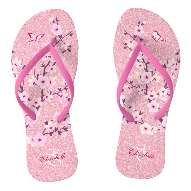 Floral Cherry Blossoms Pink Glitter Name Monogram Flip Flops (Footbed)