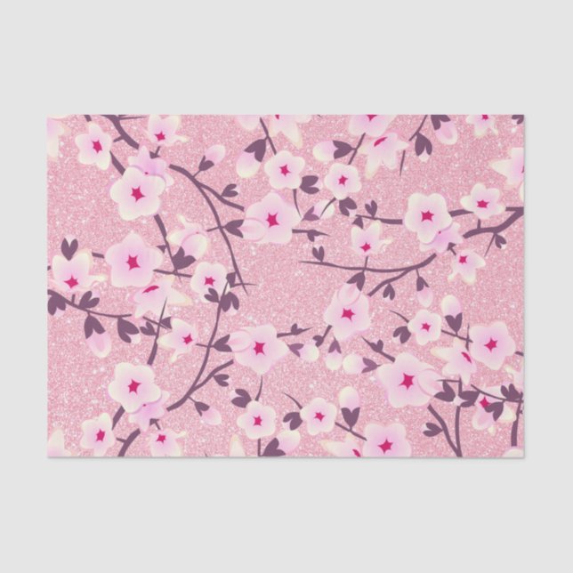 Floral Cherry Blossoms Pink Glitter Tissue Paper (Front)