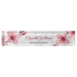 Floral Cherry Blossoms Pink Gray Marble Nameplate