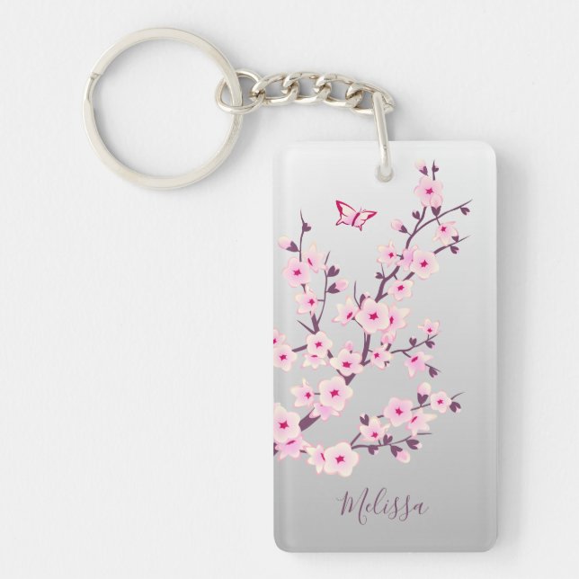 Floral Cherry Blossoms Pink Grey Add Name Keychain (Front)