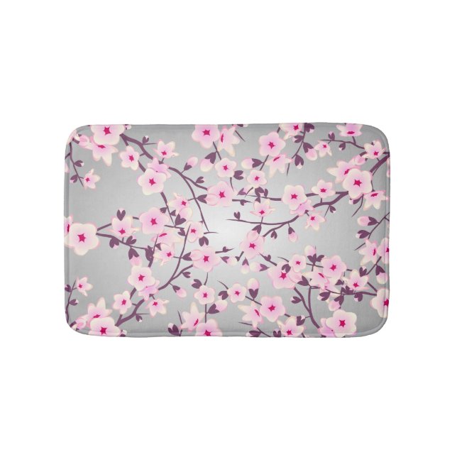 Floral Cherry Blossoms Pink Grey Bath Mat (Front)