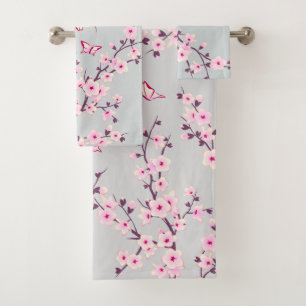 Floral Cherry Blossoms Pink Grey Bath Towel Set