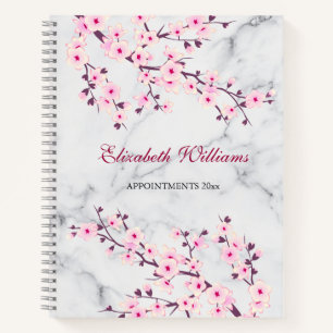Floral Cherry Blossoms Pink Grey Marble Add Name Notebook
