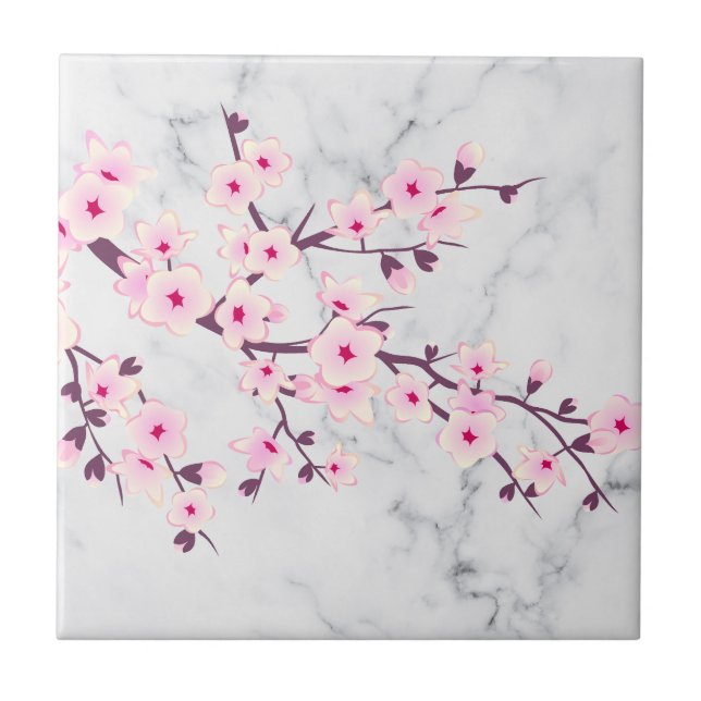 Floral Cherry Blossoms Pink Grey Marble Tile (Front)