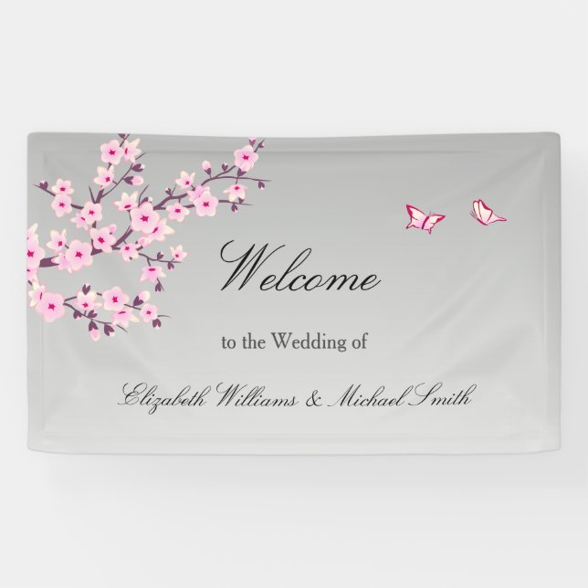 Floral Cherry Blossoms Pink Grey Wedding Banner (Horizontal)